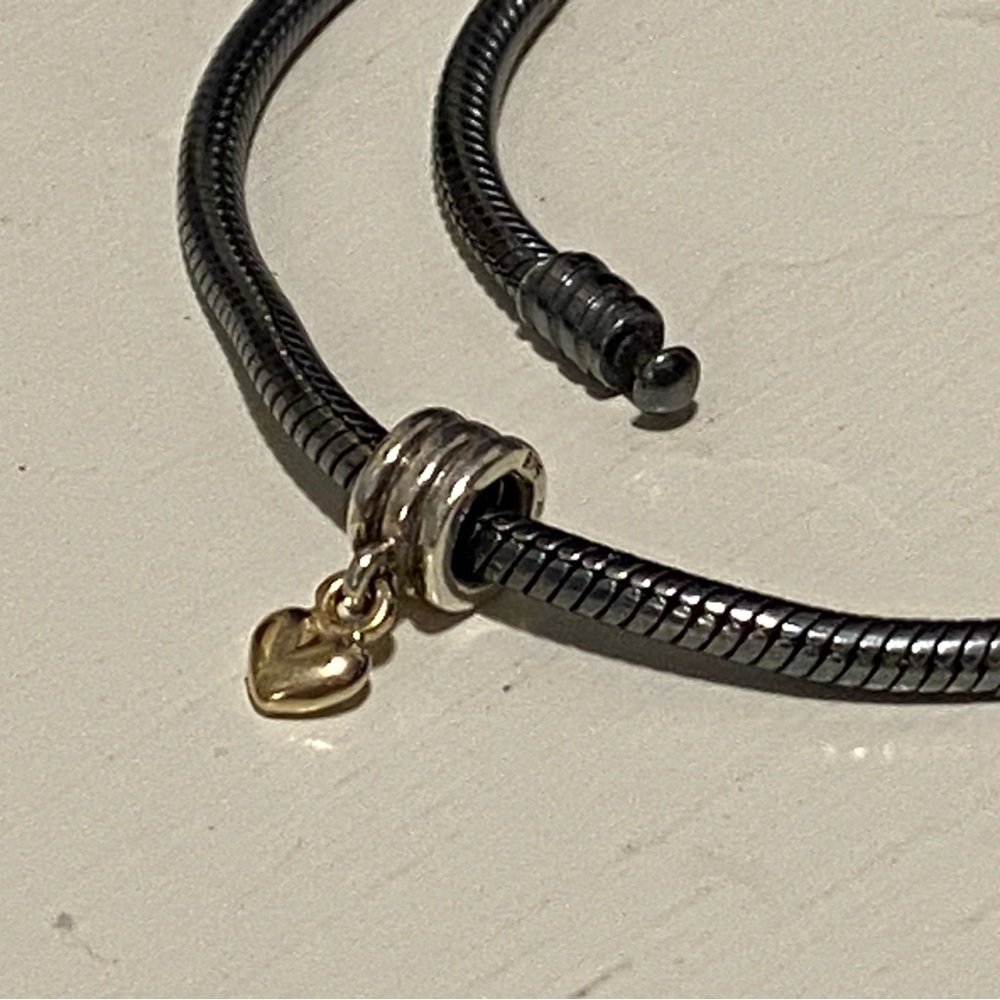 PANDORA 16” Snake Oxidized Necklace + 925 ALE 14k Gold Heart + 3 Charms - Picture 5 of 8